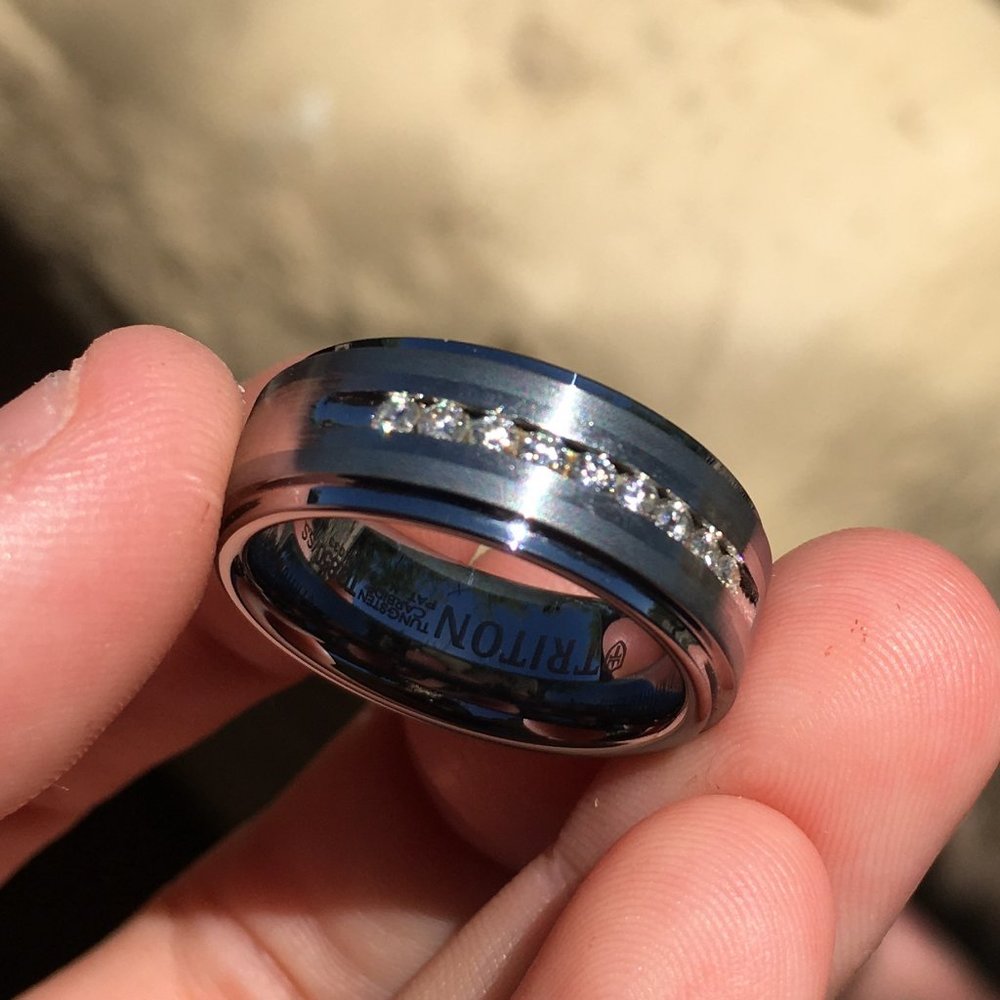Triton tungsten-carbide real diamond wedding band